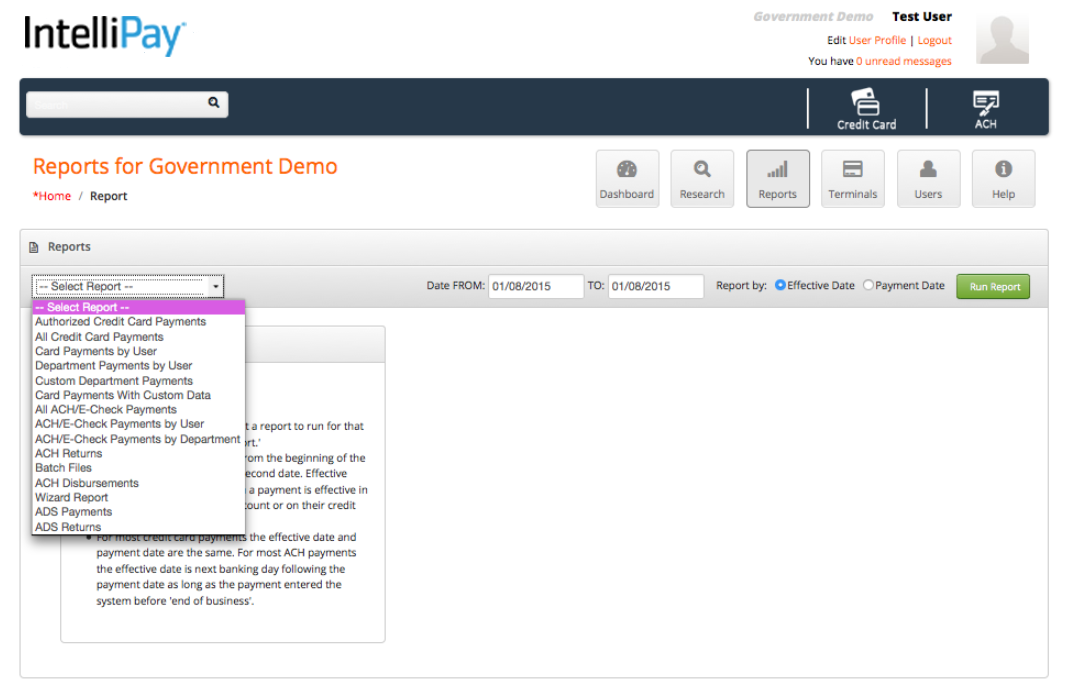 IntelliPay payment processing platform reports screen